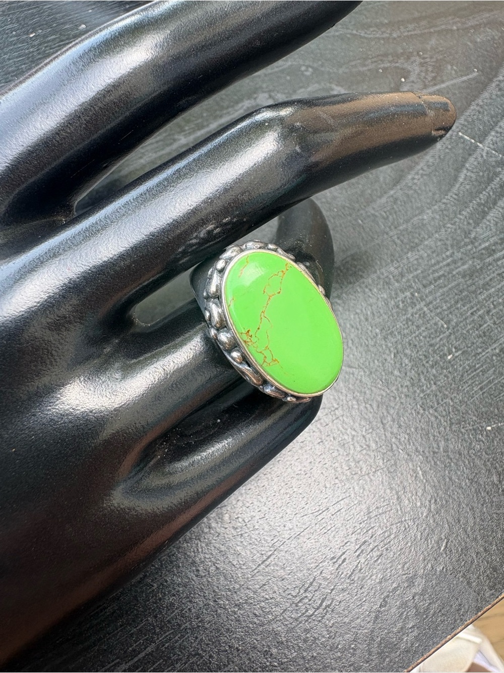 Vintage Bohemian Green Turquoise  Sterling Silver Statement Ring - Size 7.75